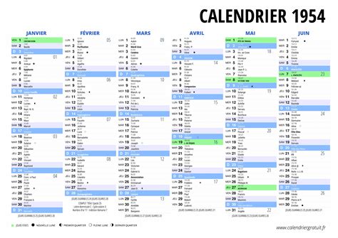 calendrier 1954 avec les jours